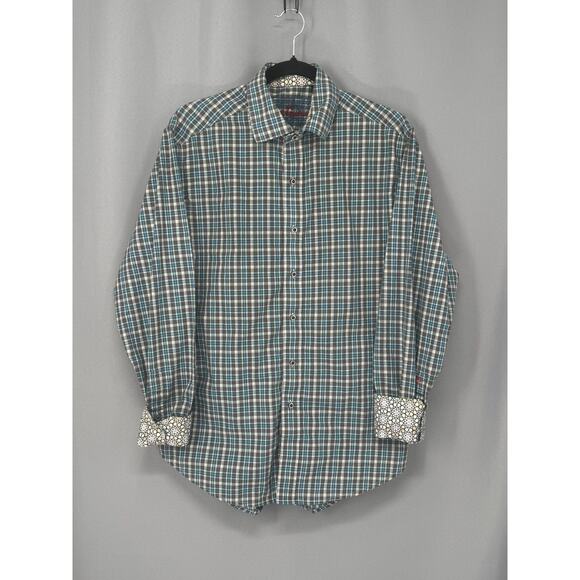 Robert Graham Shirt Mens Medium Blue Gray Plaid Long Sleeve Button Flip Cuffs - Picture 1 of 15